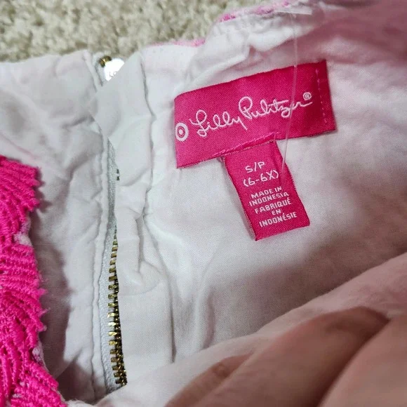 Lilly Pulitzer Girls Pink White Jacquard Shift Dress Soutache Trim Size S 6-6X - Picture 4 of 8